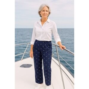 Vtg Albert Nipon Women's Sz 6 10 Navy Blue 100% Silk‎ Nautical Print Dress Pants